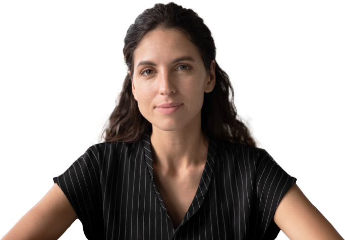 Image of woman with dark brown hair, wearing a black and white striped button-down t-shirt