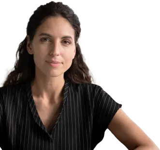 Image of woman with dark brown hair, wearing a black and white striped button-down t-shirt