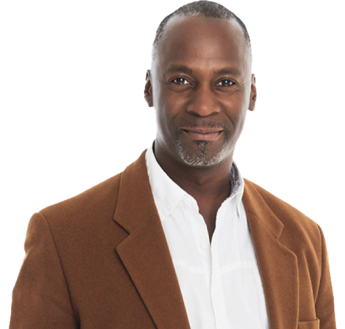 Image of man in a brown blazer and white button-up shir