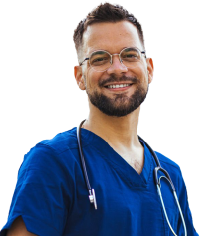 Actor portrayal of a male nurse wearing round-framed glasses, blue scrubs, and a stethoscope around his neck