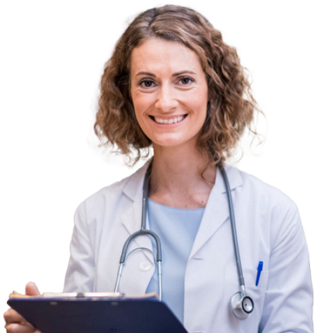 Actor portrayal of a female doctor with short brown hair, a white labcoat and a stethoscope around her neck holding a clipboard