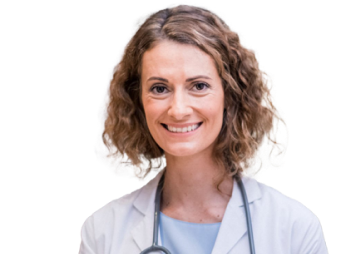 Actor portrayal of a female doctor with short brown hair, a white labcoat and a stethoscope around her neck holding a clipboard